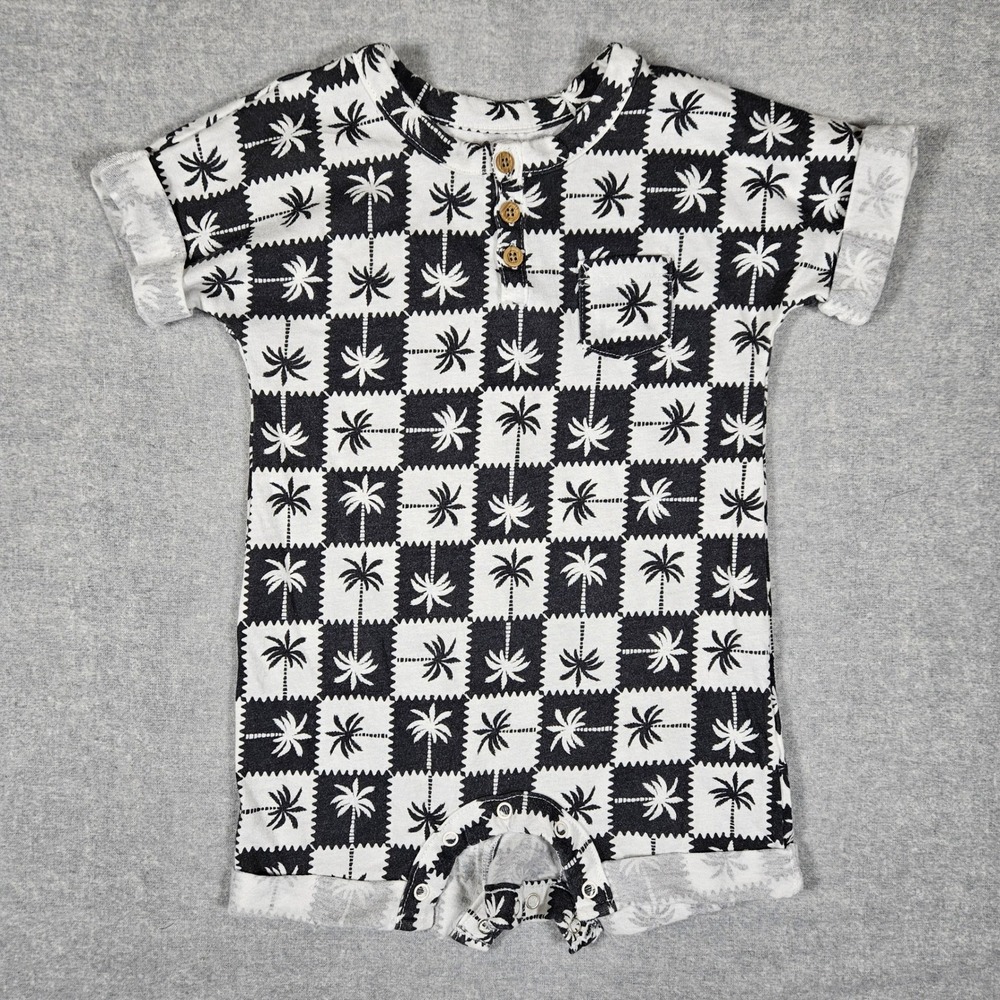 Grayson Mini Baby Boy Palm Tree Checkered Henley Romper Black White 6-9M